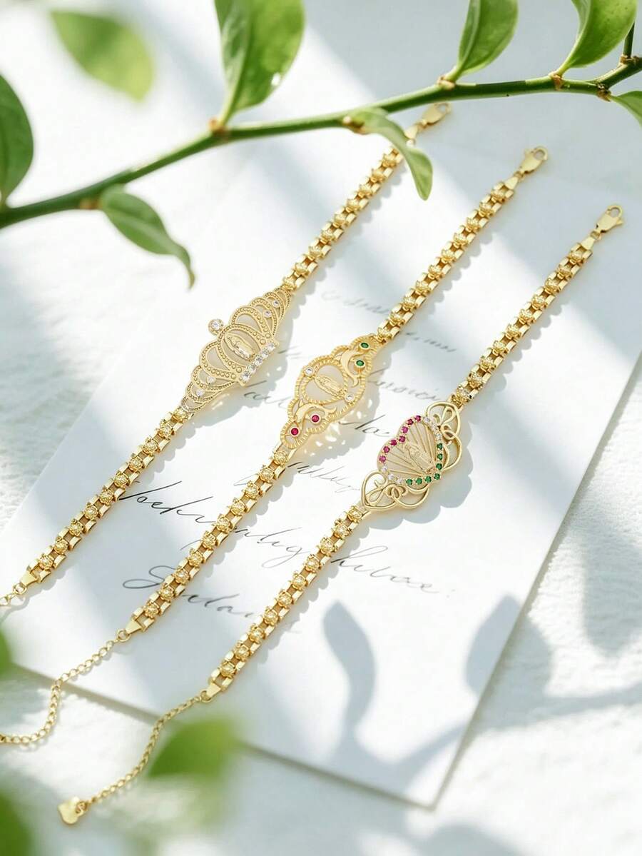 18k三色电镀无镍低过敏性心形花朵链手链 - 宗教首飾 - 查看 1