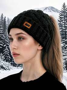 1 pièce Bonnet tricoté ouvert pour femmes, automne/hiver, élégant, polyvalent, coupe-vent, chaud, doublé thermique, grande circonférence de tête, convient pour le port quotidien en extérieur - Multicolore - Voir 8