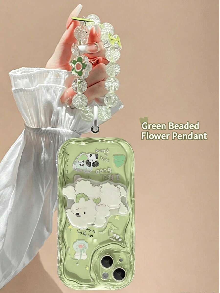 1件透明綠色底透光奢華時尚不對稱UV彩繪花朵狗字母愛心圖案凸緣防摔手機殼，適用於Apple Phone 17 16 15 14 13 12、S26 Plus/S25Edge/S24/S23/S22 Ultra，附綠色水晶花手鍊