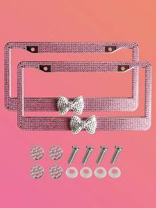 1pc/2pcs Pearlescent Plastic License Plate Frame, Black & Pink, Christmas Gift For Cute Girls - A - View 12
