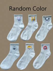 3 Pairs Randomly Shipped Cute Animal White Mid-Calf Socks, Soft Skin-Friendly Socks For Girls Spring/Summer School Casual Wear - Multicolor - View 6