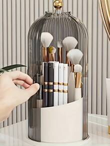 Large Capacity Bathroom Vanity Organizer With Transparent Cover 360° Rotating For Toothbrush Toothpaste Eyebrow Pencil Makeup Brushes Countertop Storage Box Bathroom Room Decor Dorm Room Essentials College Dorm Makeup Organizer Back To School - A - View 2