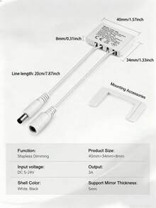Mirror Touch Sensor Switch LED Dimmer Controller, 5-24V DC Stepless Dimming LED Strip Control, Bathroom Vanity Mirror Hidden Touch Button, Adhesive Backing Installation - MIRROR TOUCH SWITCH - View 4