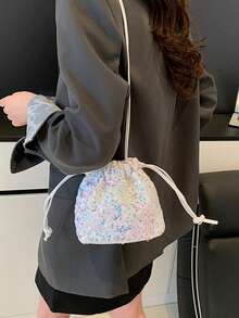 Women's Drawstring Mini Crossbody Bucket Bag, Quilted Pattern Daily Outdoor Bag - White - View 5
