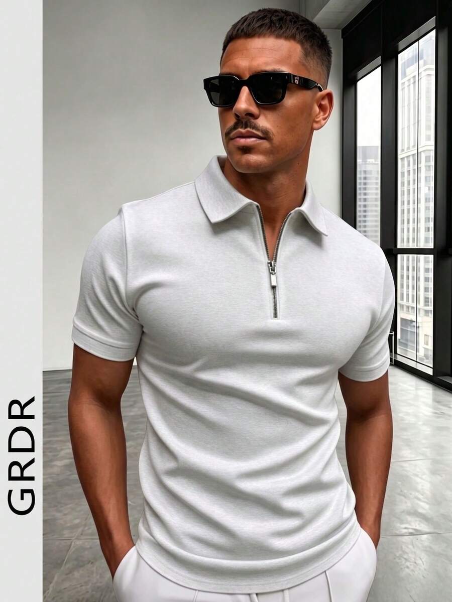 GRDR Men's Summer Polo Collar Half Zip Short Sleeve T-Shirt, Suitable For Outdoor, Vacation And Casual Wear