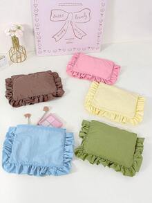 Cute Ruffle Trim Cosmetic Bag Plain Makeup Bag Portable Toiletry Bag Travel Makeup Clutch Pouch Grid Pattern Make Up Bag Zipper Handbag Brushes Holder - Multicolor - View 5