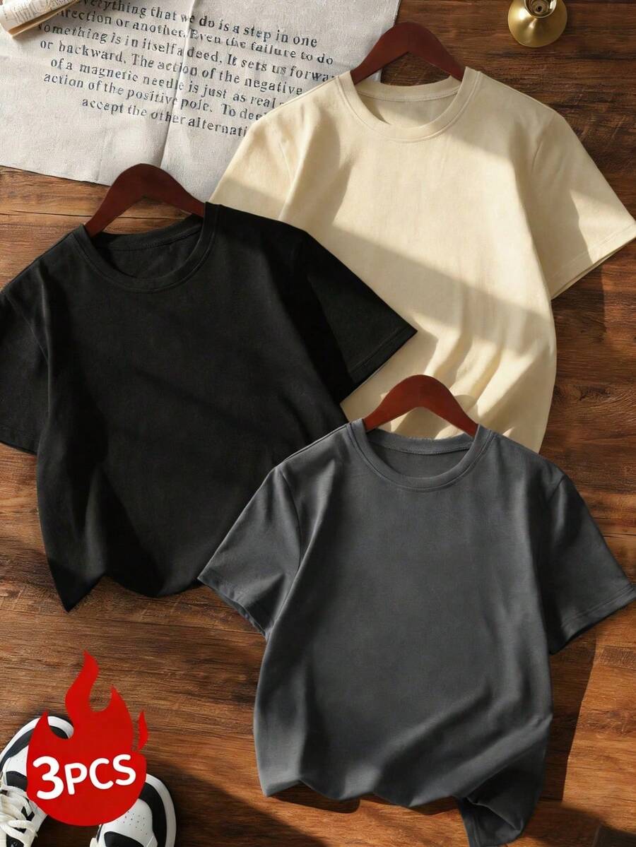 Set Of 3 Women's Short-Sleeved, Crew-Neck T-Shirts In Solid Colors, Suitable For Everyday Wear. Includes A White T-Shirt, A Black T-Shirt, And A Pink T-Shirt. - 多色 8 - 查看 1