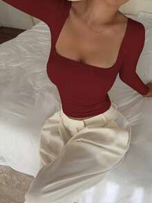 Top de manga larga básico y minimalista con cuello redondo, de doble capa, sin costuras y ajustado, para uso casual en primavera - Rojo - Ver 1