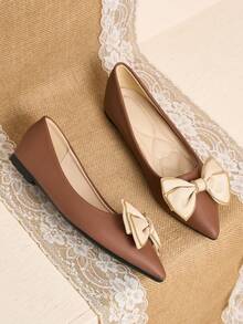 Pointed Toe Low Vamp Bow Flat Shoes, Delicate Satin Texture Soft And High-End, Versatile Shoes. - Dark Brown - View 3