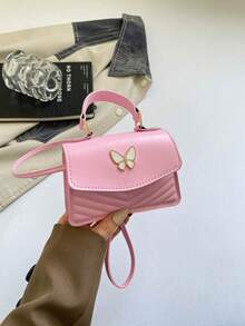 Mini Small Bag V-Shaped Embossed Solid Color PU Ruffled Edge Bow Handbag Flap Crossbody Women's Bag - Pink - View 10