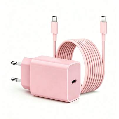 PD 20W snellaadset Europese standaard lader, compatibel met iPhone 17/16/15/Pro/Pro Max, Type-C wandlader, met Type-C naar USB-C snellaadkabel; draagbare USB-C adapter, compatibel met Samsung Galaxy S25 S24 S23 S22 S21 S20/Ultra/Note 20/10, roze/wit