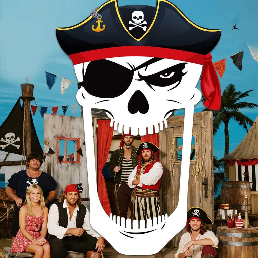1pc Halloween Pirate Theme Party Door Curtain Decoration Fabric, Giant Halloween Pirate Door Hanging Cloth, Captain Hat Skull Door Hanging Cloth, Door Curtain Backdrop, Halloween Nautical Birthday Photo Booth Prop, Party Gift Supplies - A - View 1