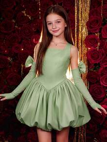 Vestido Elegante de Festa com Laço Vermelho para Meninas Pré-Adolescentes, Saia Bufante, Vestido de Princesa, Adequado para Festa de Aniversário de Meninas, Banquete Noturno, Gala, Baile, Dama de Honra de Casamento, Vestido de Dama de Honra - Verde Menta - Visão 1