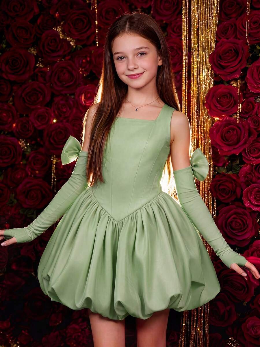 Vestido Elegante de Festa com Laço Vermelho para Meninas Pré-Adolescentes, Saia Bufante, Vestido de Princesa, Adequado para Festa de Aniversário de Meninas, Banquete Noturno, Gala, Baile, Dama de Honra de Casamento, Vestido de Dama de Honra - Verde Menta - Visão 1