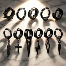 11 Pcs/Set Punk Hip Hop Clip-On Earrings, Stud Ear Cuffs, Feather Dangle Ear Cuffs, Stainless Steel Non-Piercing Ear Cuffs, For Men - Ear Clip - View 8