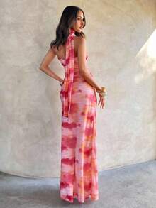 Vestido de mujer elegante y sexy con estampado floral de malla - Celeste - Ver 3