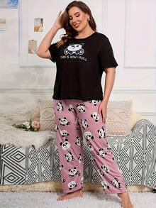 Plus Size Casual Comfortable Cartoon Print Short Sleeve Pink Print Long Pants Women's Loungewear 2 Pieces Pajama Set - Black - View 2