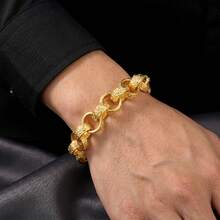 1pc Hip Hop 18K Gold-Plated Carved Rough Round Copper Bracelet, Suitable For Men And Women Daily Party Gift Giving Wear, Fashionable Punk Jewelry - Gold - View 2