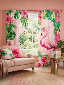 2pcs Flamingo Print Curtains,Tropical Floral Leaf Rod Pocket Curtains,Pink Girly Bedroom Curtains,Boho Home Decor,Living Room Balcony Window Treatments,Vacation Style Room Setting,Curtain Panels - Multicolor - View 5