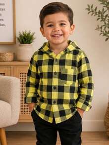 Long-Sleeved Flannel Plaid Shirt - Camisa amarilla a cuadros con capucha - Ver 1