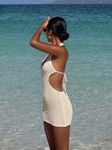 Elegant Solid Color Knit Hollow Out Camisole Dress, Casual Resort Beach Wear For Summer Vacation - Apricot - View 1