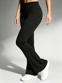 High Waist Black Center Seam Split Flared Sports Pants - Tummy Control, Butt Lift, High Elasticity, Non-Curling - , Versatile, Daily Sports Fall - Black - View 4
