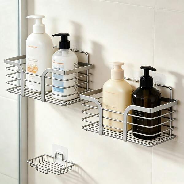 TONSSIDA 3-Piece No-Drill Adhesive Shower Caddy Set, Rustproof Aluminum Bathroom Shelf Organizer With Soap Holder, Wall Mounted Storage Racks For Toiletries