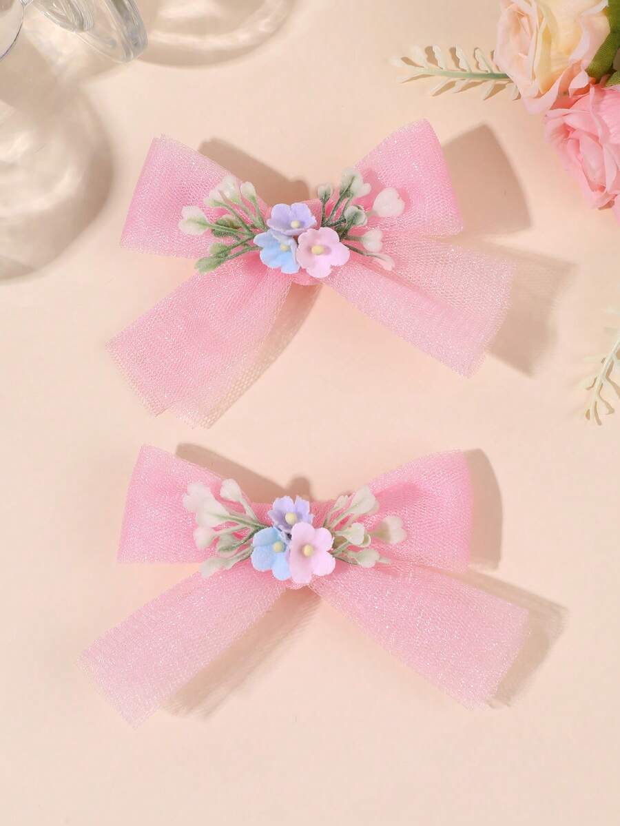 2pcs Floral Tulle Hair Bows For Girls,Flowers Hair Clips,Casual Hair Barrettes For Teens Holiday Beach Essentials Party Gifts Hair Accessories - Multicolor - View 1