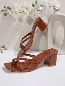 New Plus Size Women's Comfortable Minimalist Square Toe Open Toe One-Strap High Heel Sandals Slippers Casual Fashion Outdoor Beach Summer Shoes - Brown - View 3