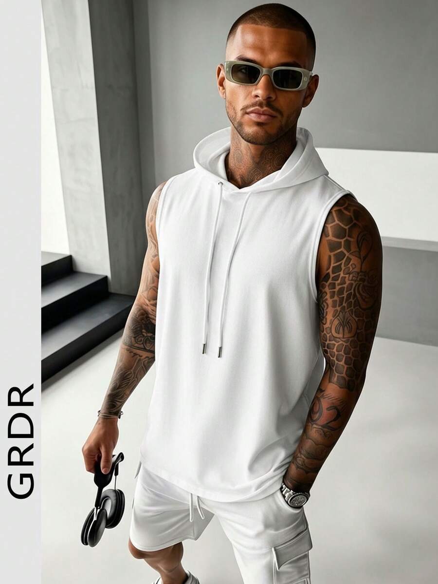 GRDR Men's Summer Hooded Solid Color Tank Top, Casual Sports Style, Fashionable And Minimalist For Summer Sports Outfits