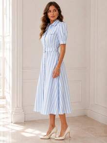 Luxury Women's Midi Shirt Dress, Striped In Blue And White, With Puff Sleeves And Belt, Perfect For A Chic Summer Look. - 淺藍色 - 查看 2