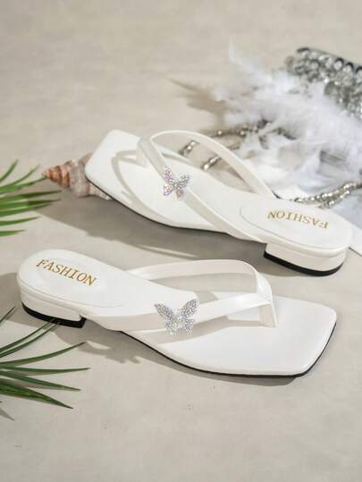 Women's Comfortable Thick Heel Toe-Post Butterfly Square Toe Flip Flop Sandals, Black High Heel Beach Sandals, Women's Toe-Post Open Toe High Heels, Summer Women's Sandals, Elegant Women's High Heels, Ball High Heels, Breathable Open Toe High Heel Sandals Versatile Minimalist Summer New Bowknot Stiletto Sandals