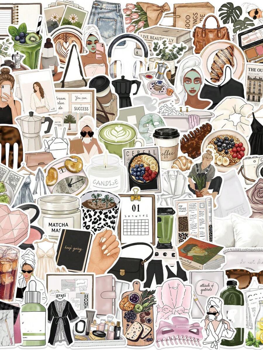 100pcs Y2K Luxury Clean Girl Style Stickers, Y2K Downtown Style Gift Stickers Fashion Ins Stickers Scrapbook Stickers Waterproof Vinyl Stickers Bulk For Water Bottle Skateboard Luggage Laptops Bumper Theme Party Supplies
