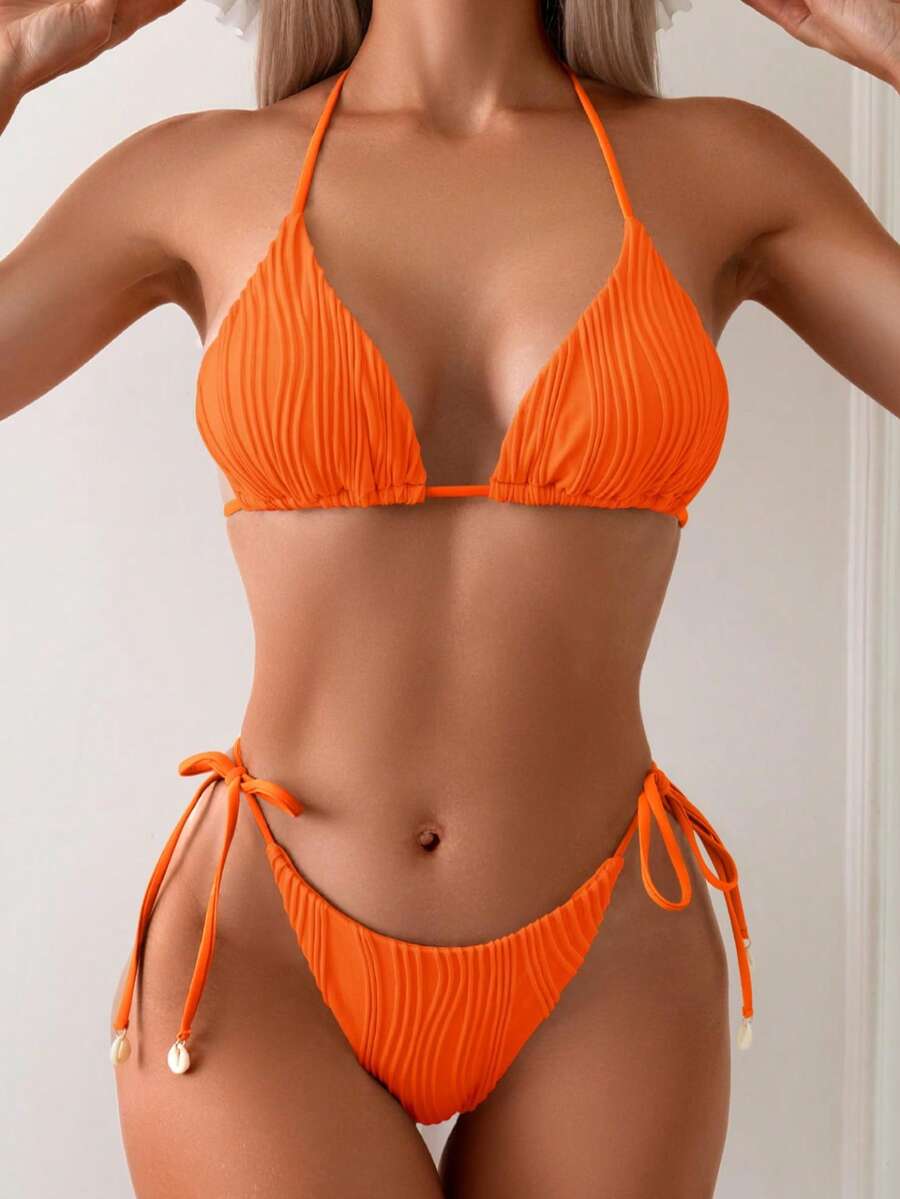 女款純色特殊波浪紋理布料三角背比基尼兩件套 度假海灘夏季 - 橘色 - 查看 1