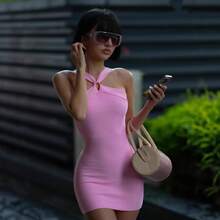2026 New Solid Ribbed Halter Mini Dress, U Neck Stretch Bodycon Bandage Wrap Tie Back Slim Fit Party Club Short Dress For Women - Purple (in Stock) - View 4