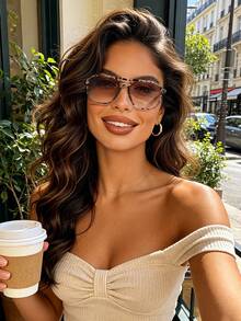 1 Pair Women's Double-Beam Square Frame Sunglasses, Black Leopard & Tea Two-Tone, UV Protection, Face-Slimming, Commuting & Travel, Atmospheric Style - Multicolor - View 2