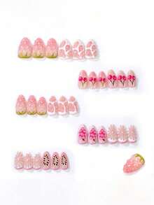 10pcs Kuku Palsu Motif Buah Musim Panas, Bentuk Almond Sedang, Pola Stroberi, Ceri, dan Anggur 3D, Warna Pink Cerah, Penutup Penuh, Dapat Digunakan Kembali, Ujung Kuku Perekat untuk Wanita - MultiWarna - View 4