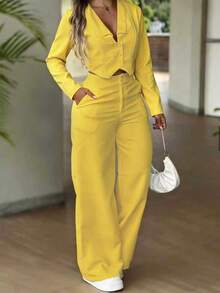 Women's Solid-Color Fall Commuter And Casual Two Pieces Set: Long-Sleeve Front-Button Blazer And High-Waisted Straight-Leg Pants With Button And Zipper - Yellow - View 2