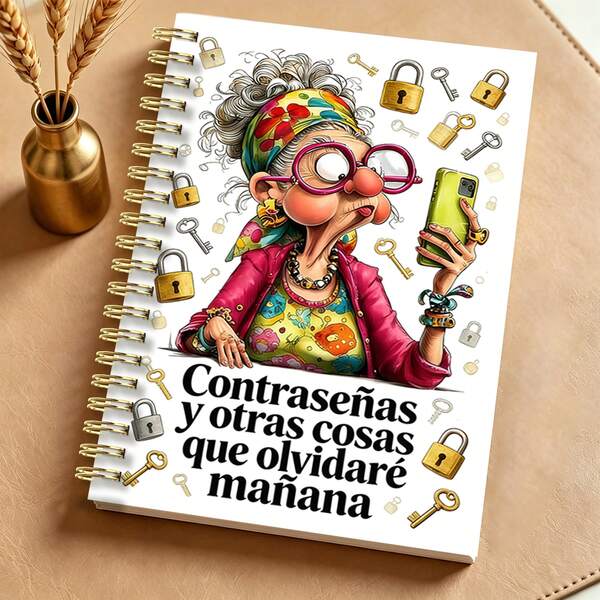 1 pieza Cuaderno espiral de papel A5 para guardar contraseñas en español, diseño divertido de abuela, organizador de contraseñas de internet y sitios web