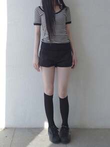 Slim Fit Striped Regular Shoulder Large Scoop Neck Short Sleeve Undershirt Top Casual Summer - Black and White - View 4