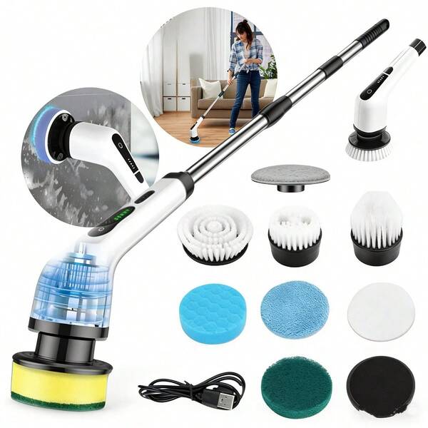 Escova de Limpeza Elétrica Multifuncional 9 em 1 com 9 Cabeças Substituíveis Cabo Extensível Sem Fio para Banheiro Cozinha e Azulejo