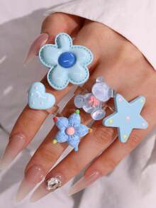 Set 5 buah cincin resin motif bunga biru, beruang, bintang, dan hati yang lucu, modis, elegan, dan unik, cocok untuk pemakaian sehari-hari dan pesta liburan. - MultiWarna - View 9