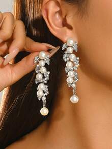 1 Pair Luxury Faux Pearl & Rhinestone Large Drop Earrings For Women, Suitable For Wedding, Banquet, Anniversary - Silver - View 1