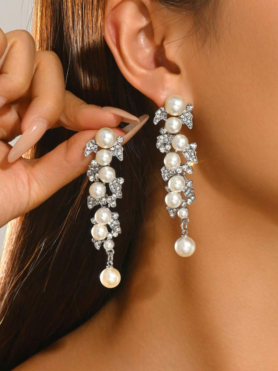 1 Pair Luxury Faux Pearl & Rhinestone Large Drop Earrings For Women, Suitable For Wedding, Banquet, Anniversary - Silver - View 1