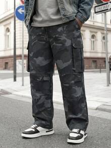Pantaloni cargo casual da uomo taglie forti con mimetica, gamba dritta ampia, vita elastica con coulisse, pantaloni lunghi con tasche multiple - nero - Visualizzare 4