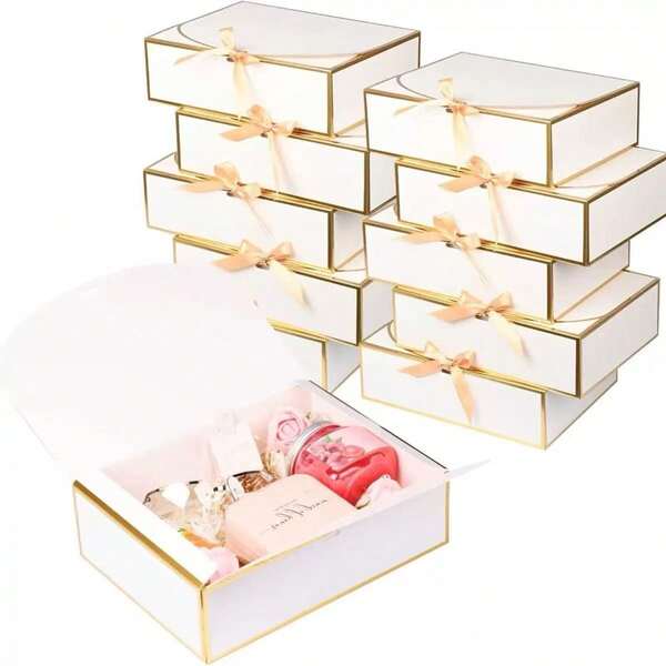 10-5Wedding Favor Box, Wedding Gift Box, Gold Trim Gift Box, Ribbon Bow Paper Box, Bridal Shower Packaging, Party Candy Box, White Empty Gift Boxes