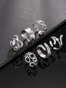 Men's 6pcs Stainless Steel Ring Set, Minimalist Feather Chain Hollow Design Open Ring, Versatile Everyday Wear, Gift For Boyfriend - Silver - View 1
