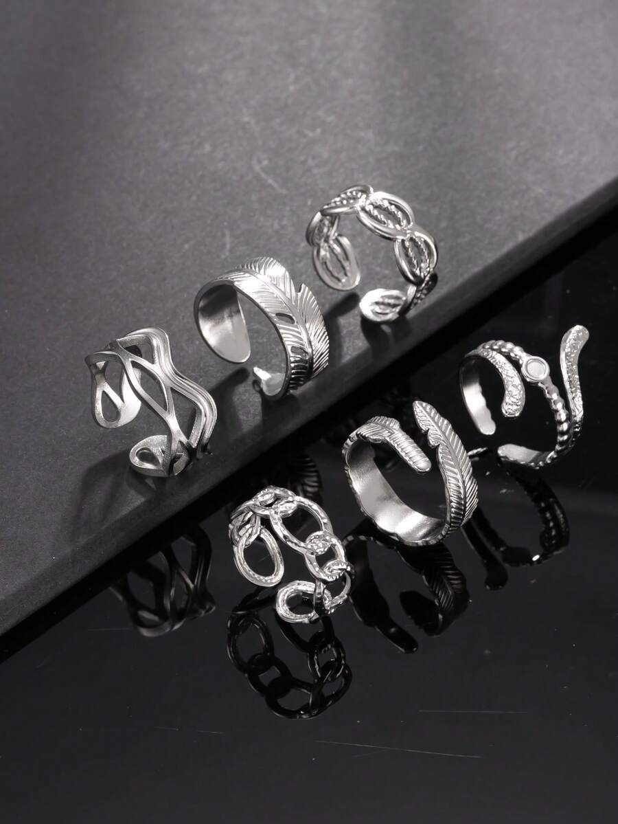 Men's 6pcs Stainless Steel Ring Set, Minimalist Feather Chain Hollow Design Open Ring, Versatile Everyday Wear, Gift For Boyfriend - Silver - View 1