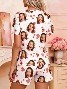 Women Two Pieces Short Pajama Set, White Base Decorated With Custom Face Prints And Red-Pink Heart Patterns, Made Of Soft Breathable Lightweight - Multicolor - View 2