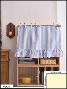 1/2pcs Rod Pocket Decorative Cabinet Curtain, Brown Striped Ruffled Short Curtain For Bathroom, Kitchen Sink, Home, Classroom, Farmhouse, Country Style, Under Table Privacy Curtain, Laundry Room - Blue - View 9